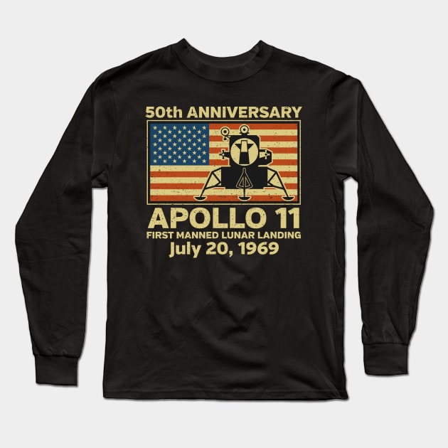 Apollo 11 American Flag 50th Anniversary Moon Landing Long Sleeve T-Shirt by RadStar